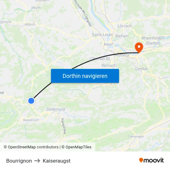 Bourrignon to Kaiseraugst map