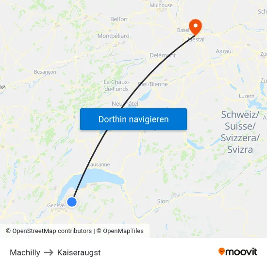 Machilly to Kaiseraugst map