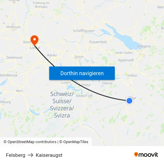 Felsberg to Kaiseraugst map