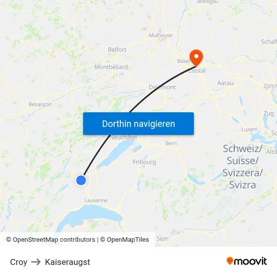 Croy to Kaiseraugst map