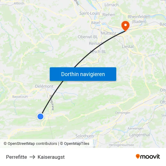 Perrefitte to Kaiseraugst map