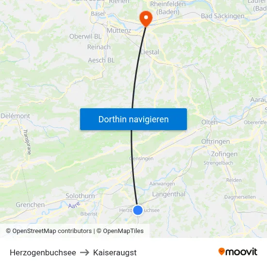 Herzogenbuchsee to Kaiseraugst map