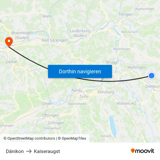 Dänikon to Kaiseraugst map