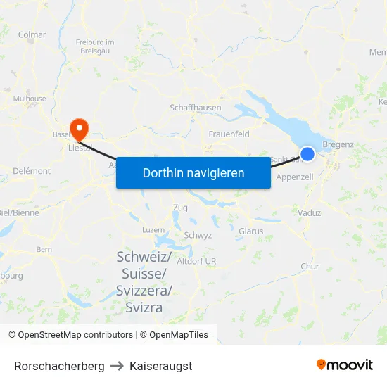 Rorschacherberg to Kaiseraugst map