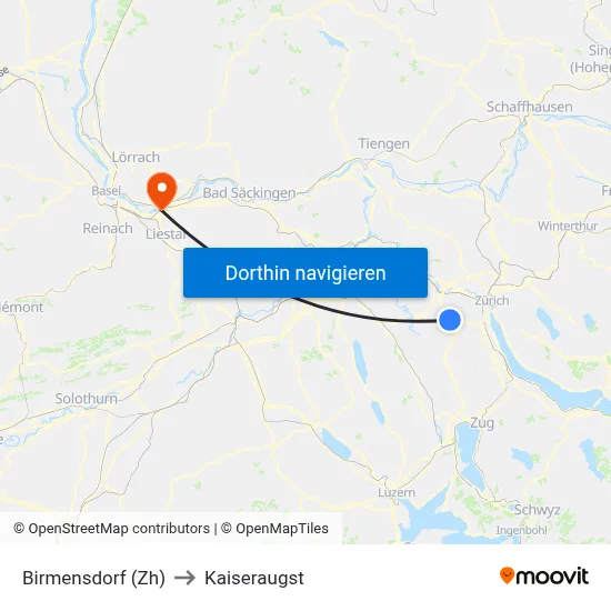 Birmensdorf (Zh) to Kaiseraugst map