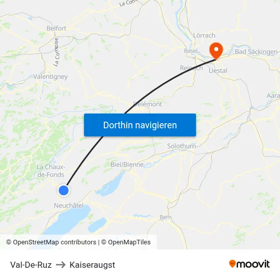 Val-De-Ruz to Kaiseraugst map