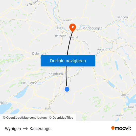Wynigen to Kaiseraugst map