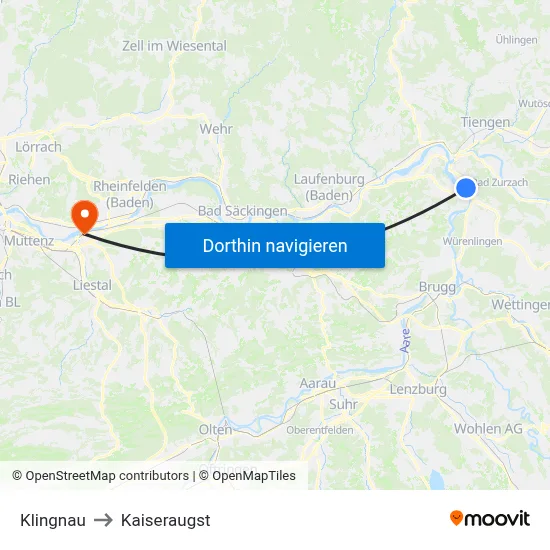 Klingnau to Kaiseraugst map