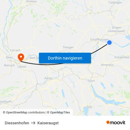 Diessenhofen to Kaiseraugst map