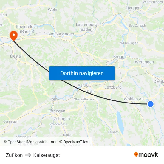 Zufikon to Kaiseraugst map
