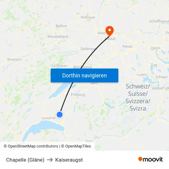 Chapelle (Glâne) to Kaiseraugst map