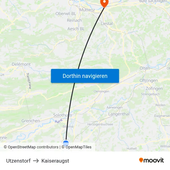 Utzenstorf to Kaiseraugst map