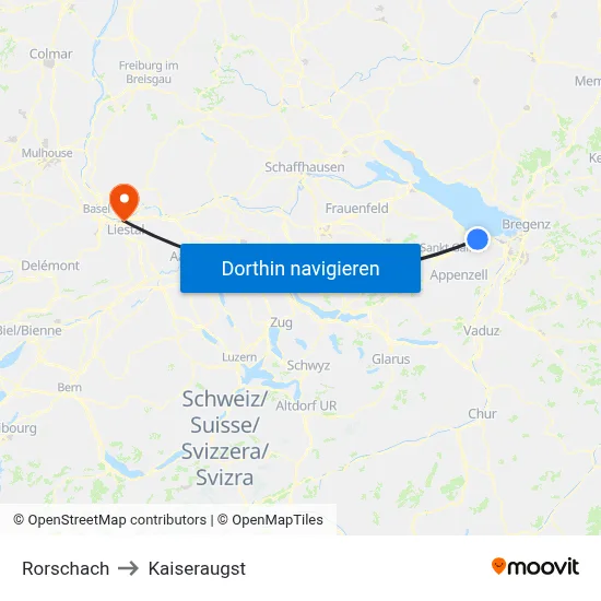 Rorschach to Kaiseraugst map