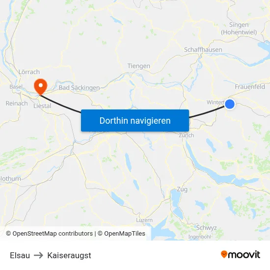 Elsau to Kaiseraugst map