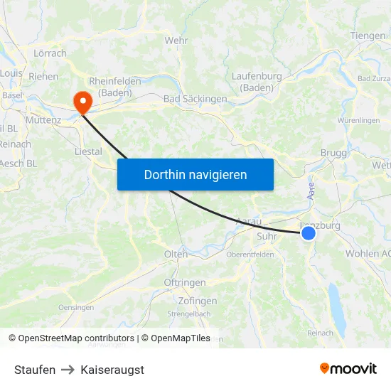 Staufen to Kaiseraugst map