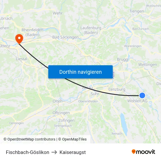 Fischbach-Göslikon to Kaiseraugst map