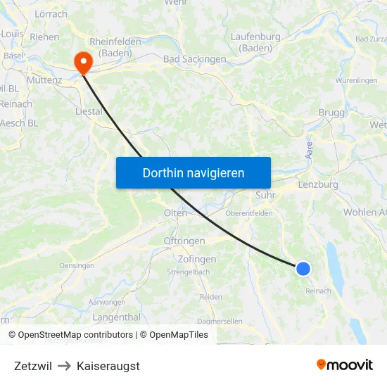 Zetzwil to Kaiseraugst map