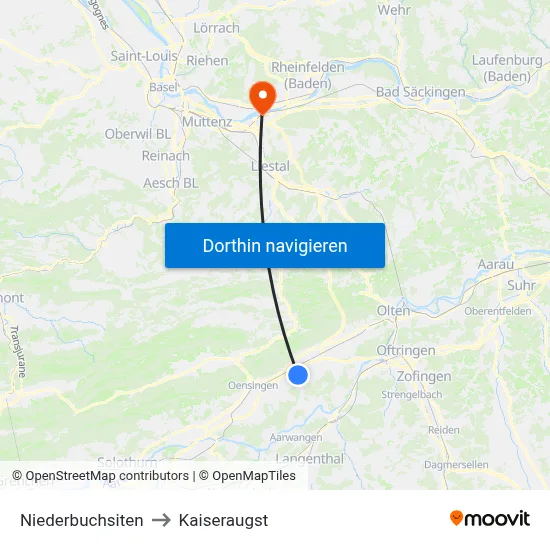 Niederbuchsiten to Kaiseraugst map