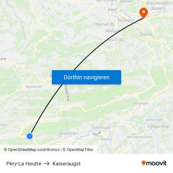 Péry-La Heutte to Kaiseraugst map