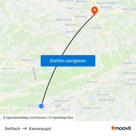 Bettlach to Kaiseraugst map