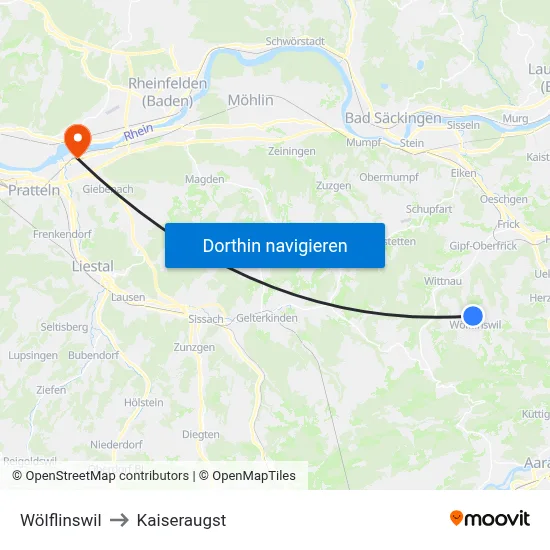Wölflinswil to Kaiseraugst map