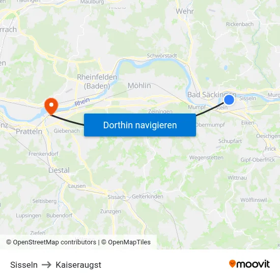 Sisseln to Kaiseraugst map