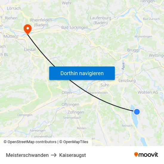 Meisterschwanden to Kaiseraugst map
