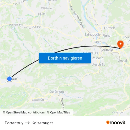 Porrentruy to Kaiseraugst map