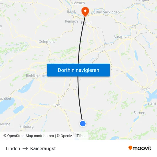 Linden to Kaiseraugst map