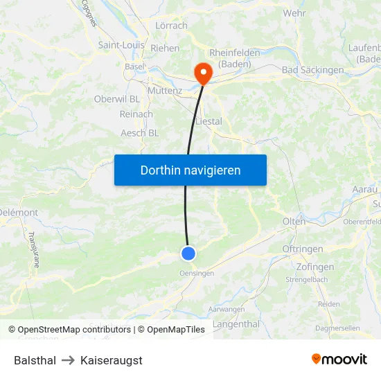 Balsthal to Kaiseraugst map