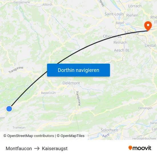 Montfaucon to Kaiseraugst map
