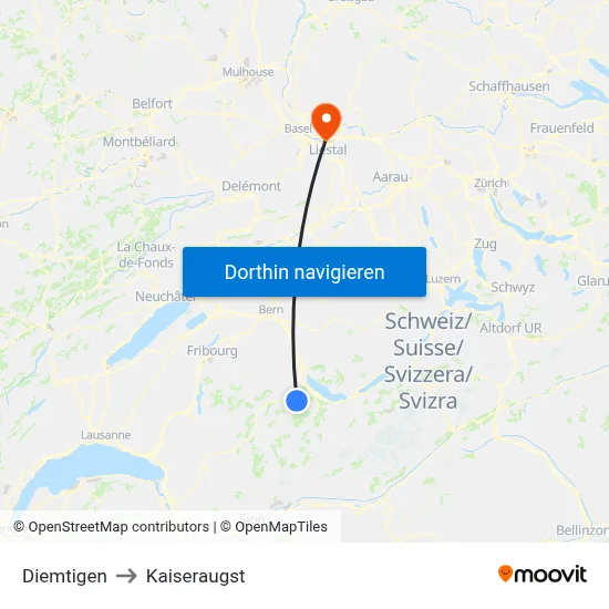 Diemtigen to Kaiseraugst map