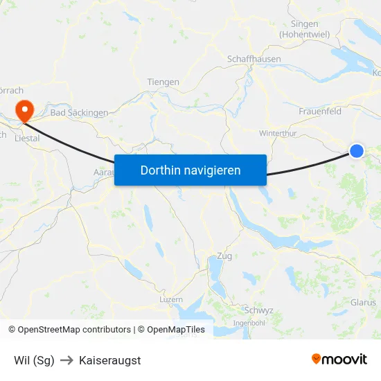 Wil (Sg) to Kaiseraugst map