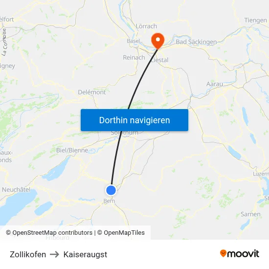 Zollikofen to Kaiseraugst map