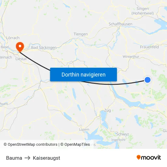 Bauma to Kaiseraugst map