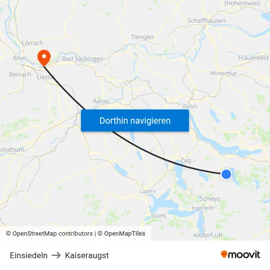 Einsiedeln to Kaiseraugst map