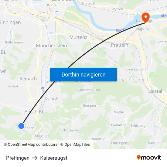 Pfeffingen to Kaiseraugst map