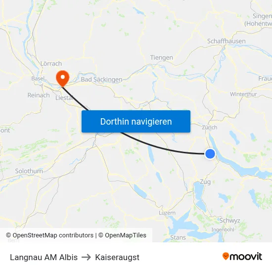 Langnau AM Albis to Kaiseraugst map