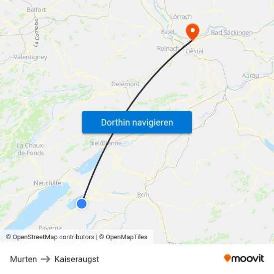 Murten to Kaiseraugst map