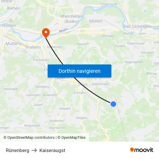 Rünenberg to Kaiseraugst map
