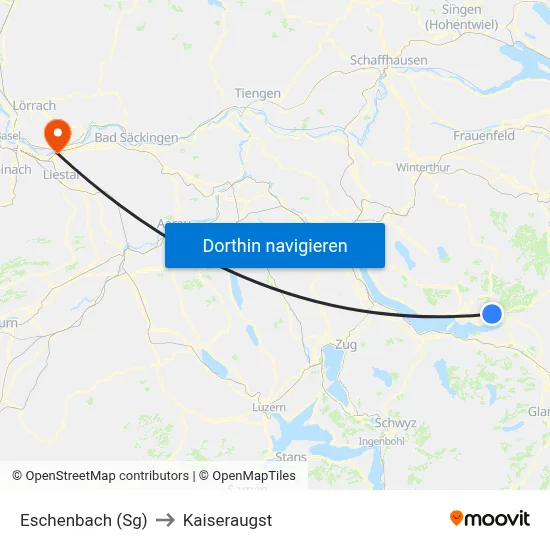 Eschenbach (Sg) to Kaiseraugst map