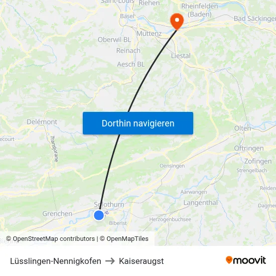 Lüsslingen-Nennigkofen to Kaiseraugst map