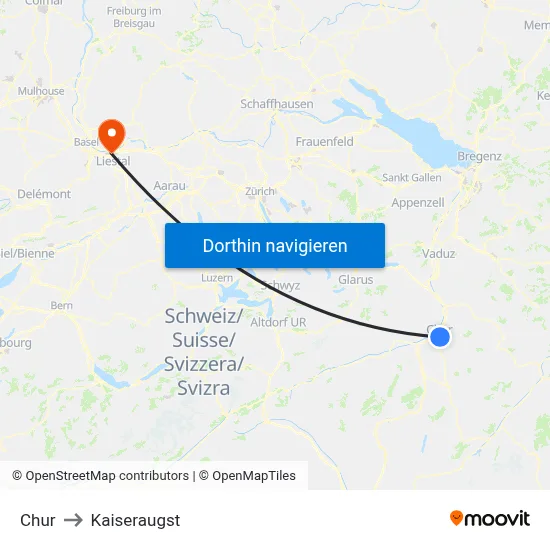 Chur to Kaiseraugst map