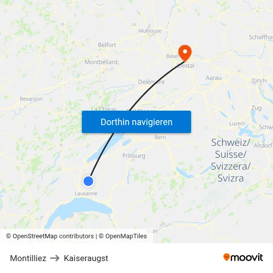 Montilliez to Kaiseraugst map