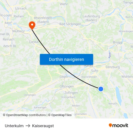 Unterkulm to Kaiseraugst map