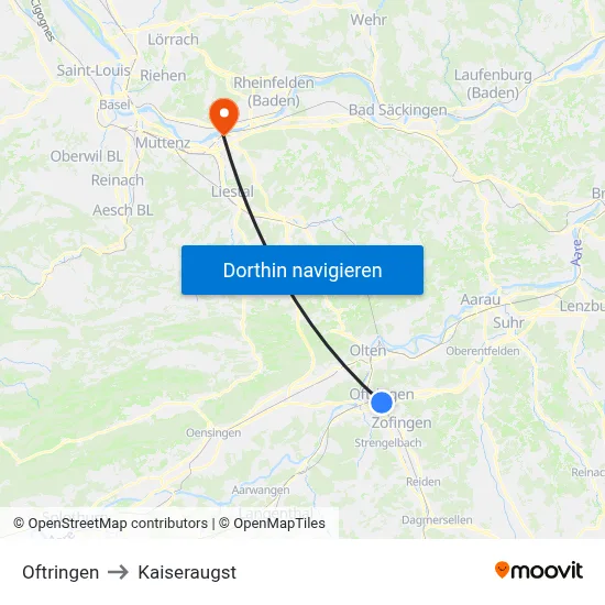 Oftringen to Kaiseraugst map