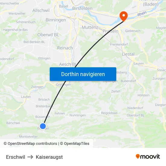 Erschwil to Kaiseraugst map
