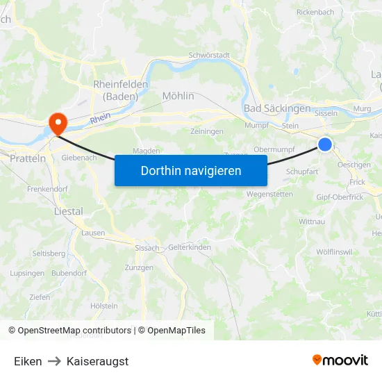 Eiken to Kaiseraugst map