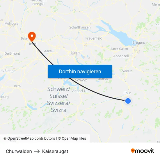 Churwalden to Kaiseraugst map