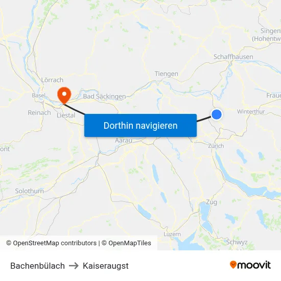 Bachenbülach to Kaiseraugst map